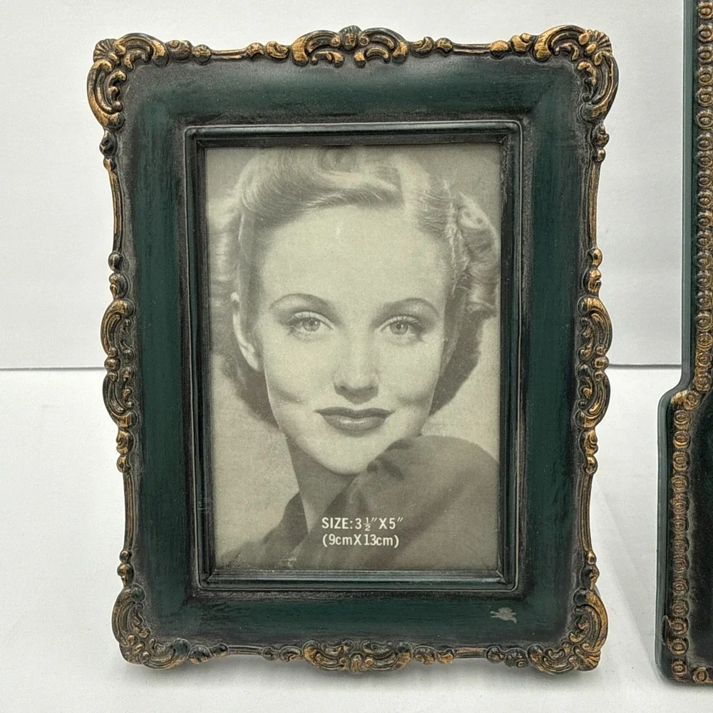 2 Antique Style Green Gold‎ Picture Photo Frames Free Standing Ornate